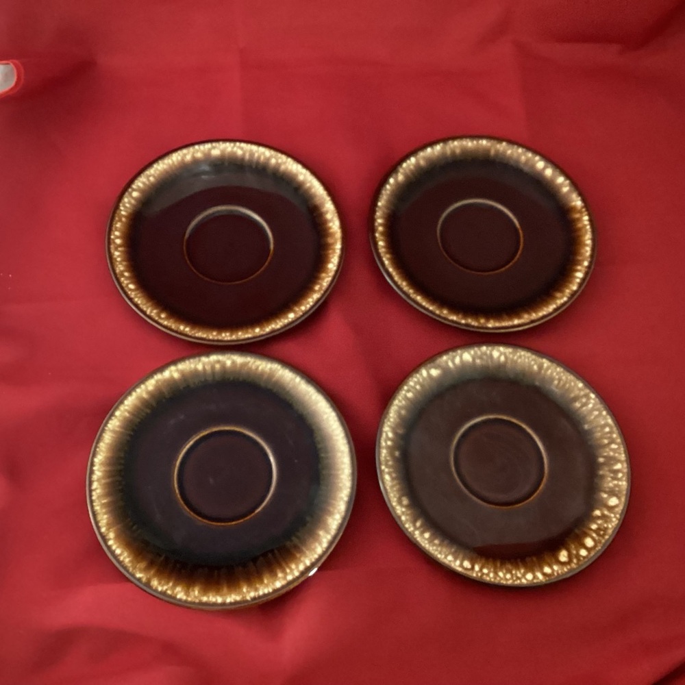 Set of four vintage brown drip glaze small saucers plates made in USA